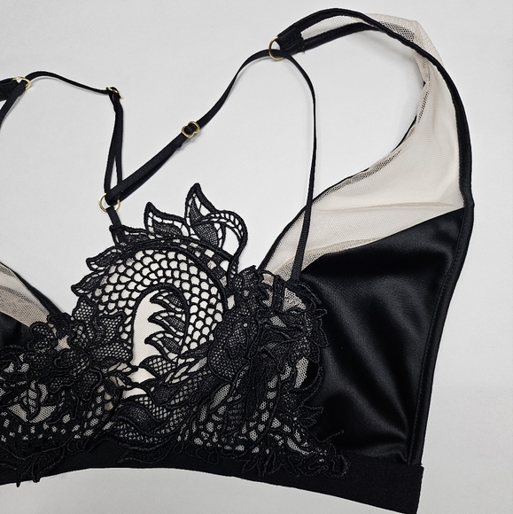 Victoria's Secret Luxe Dragon Lace Bralette Black Satin Mesh Plunging Neck Sz S - Picture 8 of 16